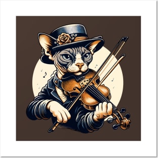 Devon Rex Cat Playing Violin Posters and Art